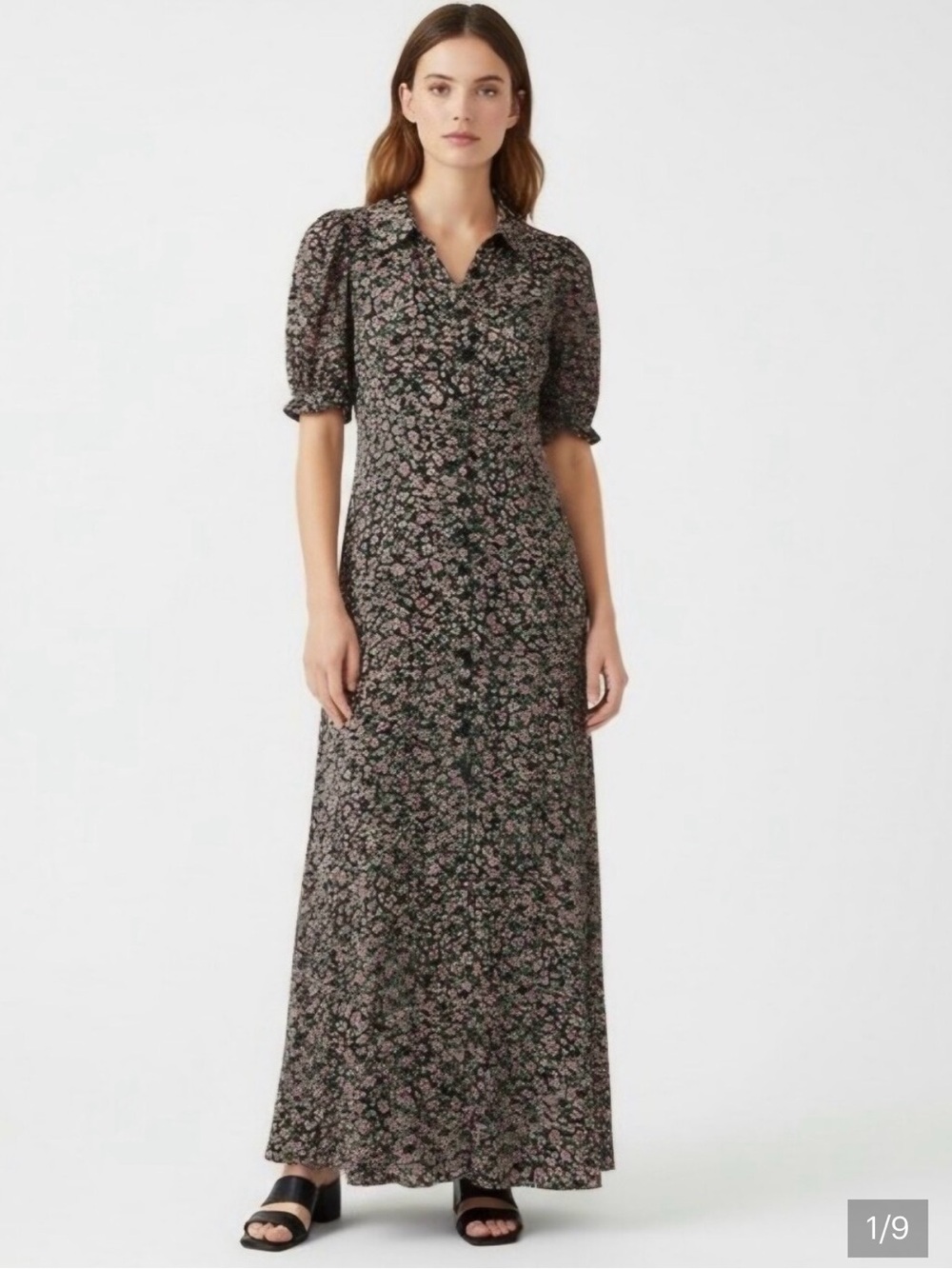 Free People Boho Western Maxi Dress - Black Floral with Puff Sleeves, Pockets
